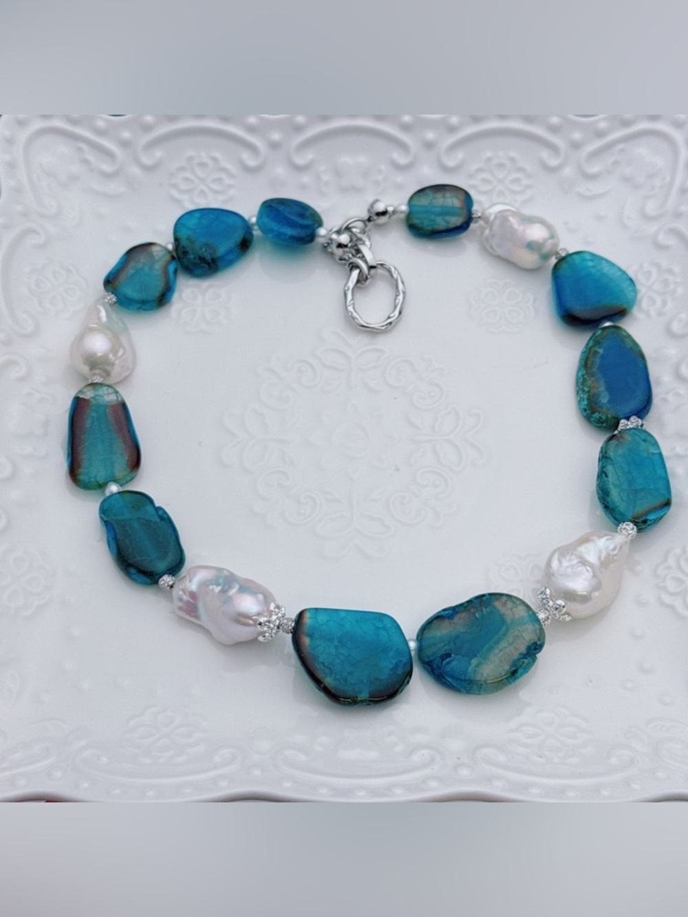 26X319 Handmade Freshwater Flame Ball Pearl Agate Necklace 18” WhiteGold plated